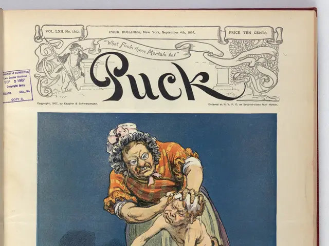 The image shows an old book with a cartoon of a woman and a child on the cover. The woman is...