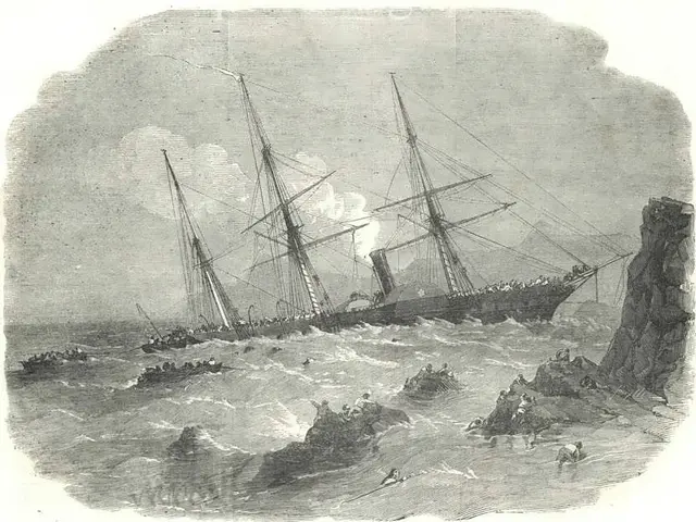 The image shows an engraving of a ship in the ocean with people on it, surrounded by rocks on the...