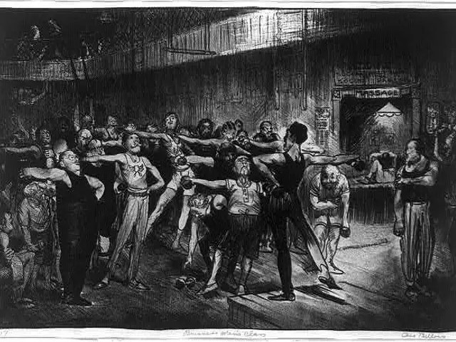 The image shows a black and white drawing of a group of people in a room, with a wall in the...
