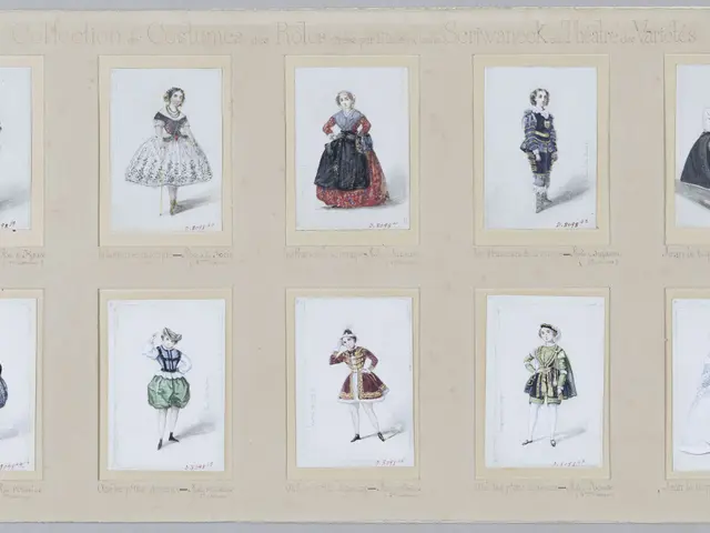 The image shows a collection of costumes for women in various styles, including dresses, with text...