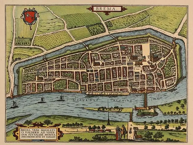The image shows an old map of the city of Bremen, Germany. It is a detailed map with text and...