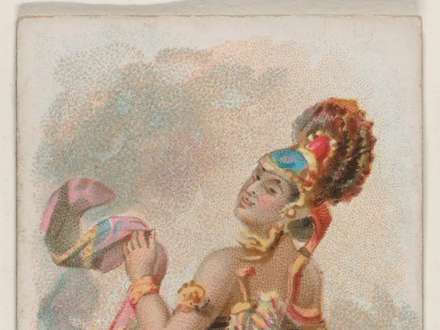 The image shows an old cigarette card with a painting of a woman wearing a colorful dress and...