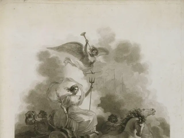 The image shows an engraving of a woman sitting atop a horse, surrounded by a group of people. At...