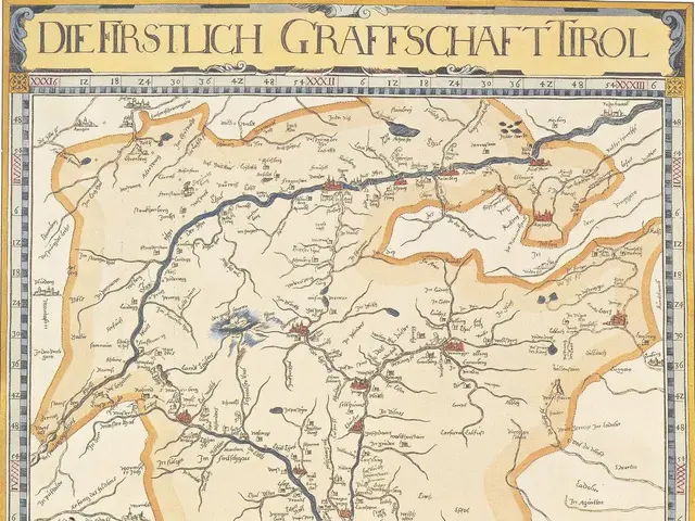 The image shows a poster of a map of the first German Graffschaft Tirol, with text and images on...