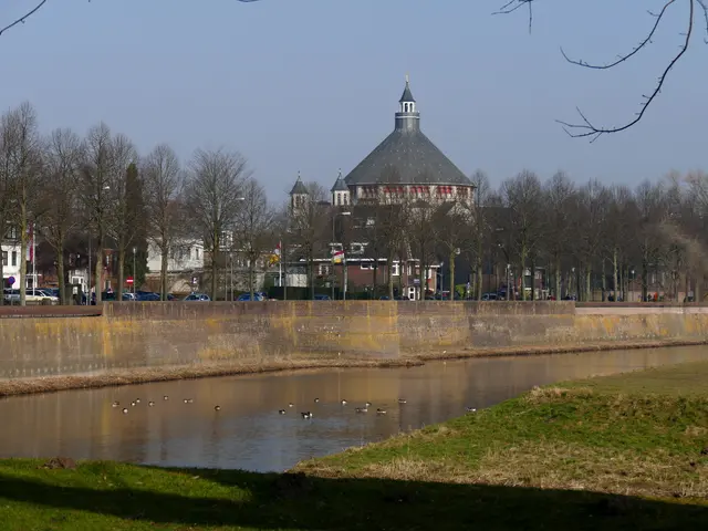 The image shows a river with ducks swimming in it, surrounded by lush green grass and trees. In the...