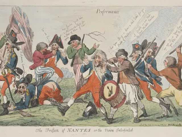 The image shows a paper with a cartoon depicting a group of men in military uniforms, some of whom...