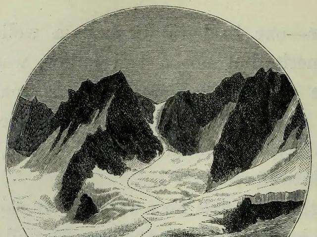 The image shows a black and white engraving of a mountain range with a river running through it....