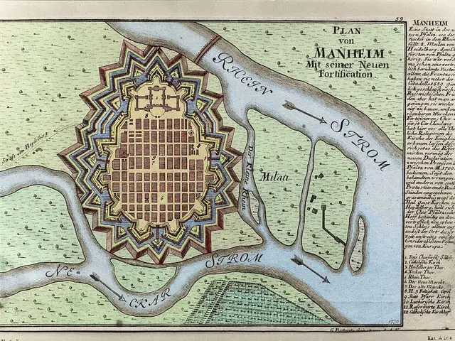 The image shows an old map of the city of Manhattan, New York, with text and a design. The map is a...