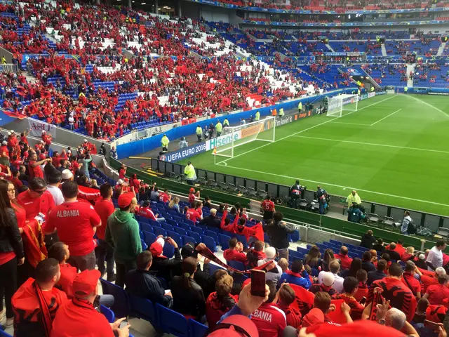 The image shows a large crowd of people in a stadium watching a soccer game. The stadium is filled...
