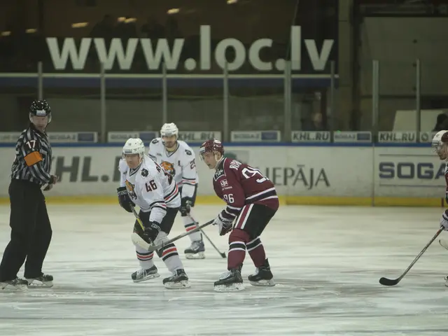 The image shows a group of people playing a game of ice hockey on an ice rink. They are all wearing...