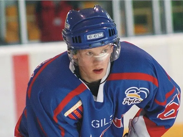 The image shows a hockey player in action on the ice, wearing a helmet and gloves. The background...