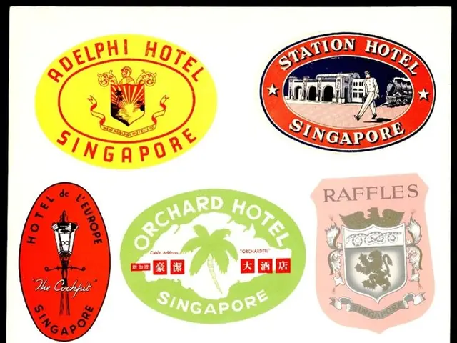 The image shows a poster with a black border, featuring a variety of Singapore travel stickers. The...