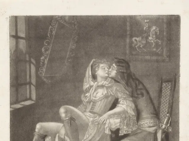The image shows a man and woman sitting on a bench, embracing and kissing each other. There is a...