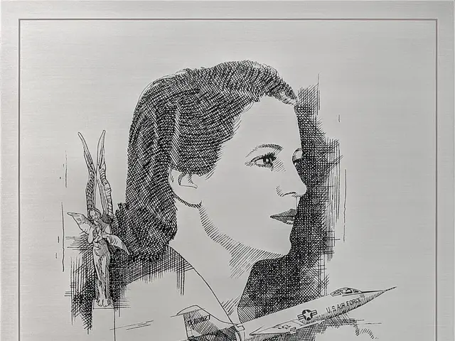 The image shows a black and white drawing of Jacqueline Cochran, the greatest woman pilot in...