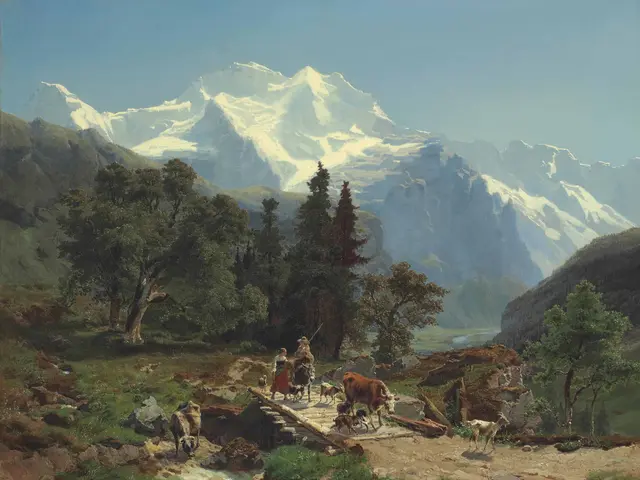 The image shows a painting of a mountain scene with a group of people and animals in the...