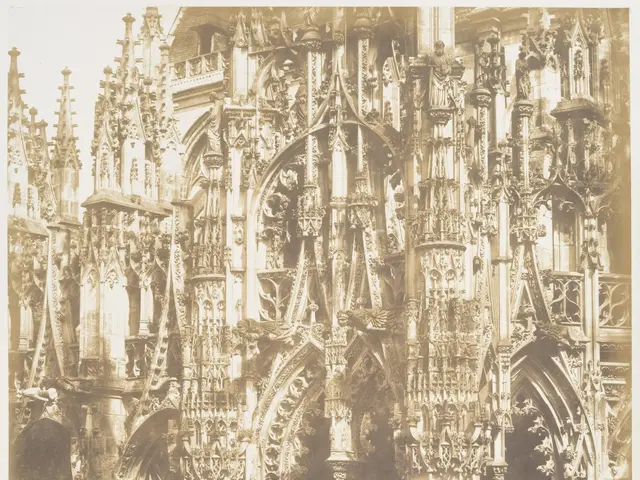 The image shows an old photo of a cathedral with a gothic architecture, featuring intricate pillars...
