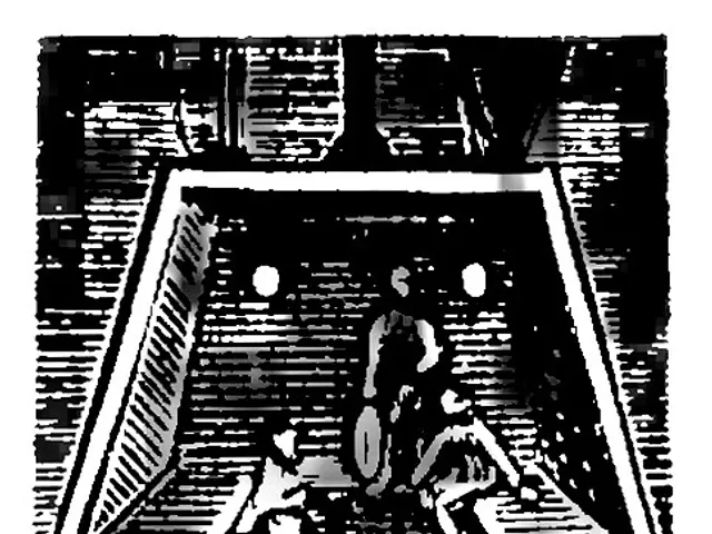 The image shows a black and white drawing of a soccer game in progress, with two players in the...