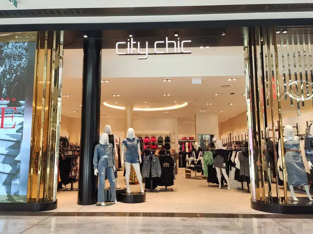 The image shows a city chic clothing store in a shopping mall, with mannequins wearing the latest...