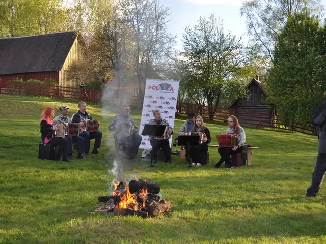 The image shows a group of people sitting around a fire in a field, playing musical instruments....