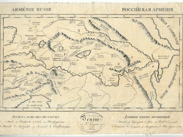 The image shows an old map of Armenia and Russia, with text written on it. The map is detailed,...