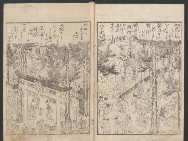The image shows an open book with a drawing of a forest scene on it. The book is placed on a black...