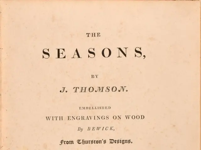 The image shows a book titled "The Seasons by J. Thomson" with text and a drawing on the cover. The...