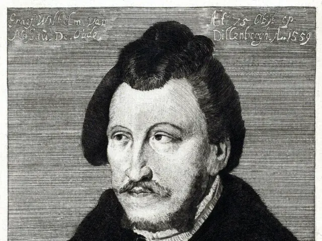 The image shows a black and white photo of a man with a beard wearing a black dress. At the top of...