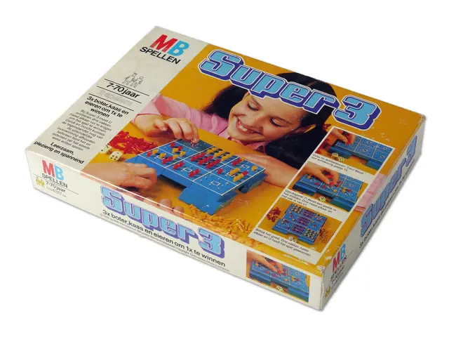 The image shows a box with a picture of a girl playing a game of Super 3 on it. The box has text...