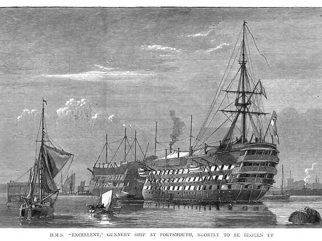 The image shows an engraving of HMS Gunnery Ship at Portsmouth, shortly to be broken up. It is a...