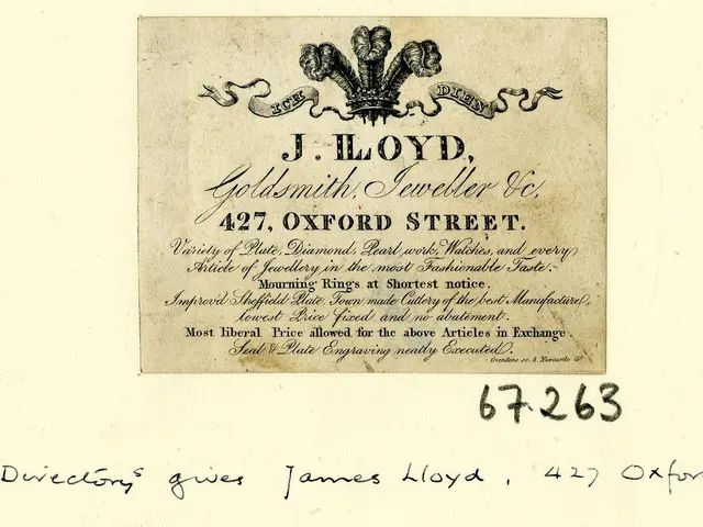 The image shows an old business card with a picture of a crown on it. The card has text and numbers...