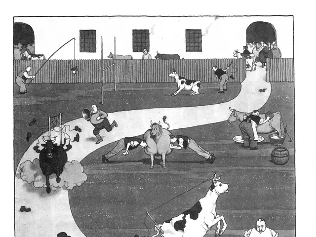 The image shows a black and white drawing of a group of people and animals in a field, with a wall...