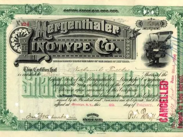 The image shows an old stock certificate with the words "Mergenthaler Inotype Co" printed on it....