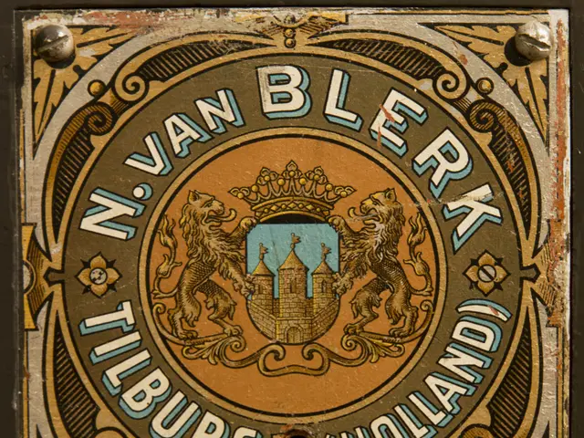 The image shows a metal sign with a coat of arms on it, featuring a logo and text. The logo is...