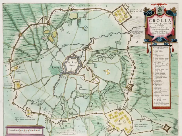 The image shows a poster of a map of the city of Grolla, Italy, with text on the right side. The...