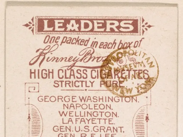 The image shows an old business card with the words "Leaders" written on it against a white...
