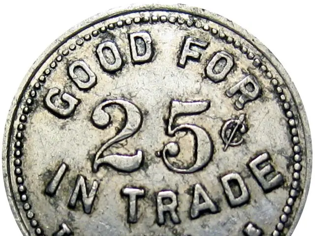 The image shows a silver coin with the words "Good for 25¢ in Trade" written on it against a white...