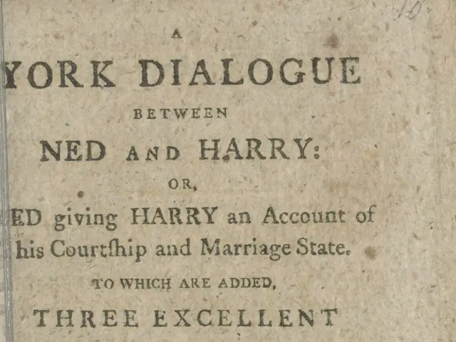 The image shows an old book with a drawing of two people on the cover page and text written on it....