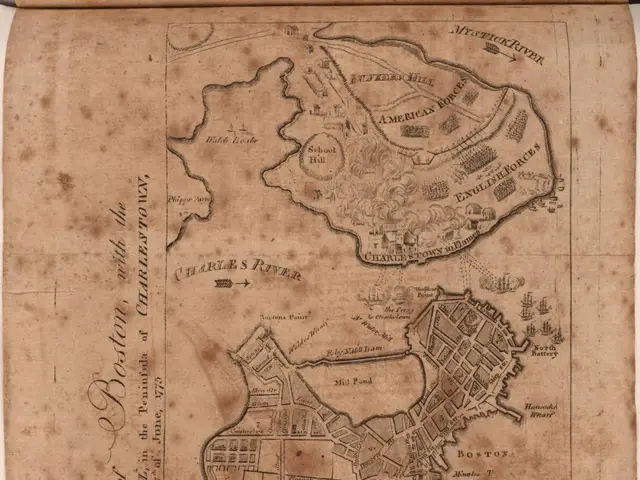 The image shows an old map of the city of Boston, Massachusetts, with a black border around it. The...