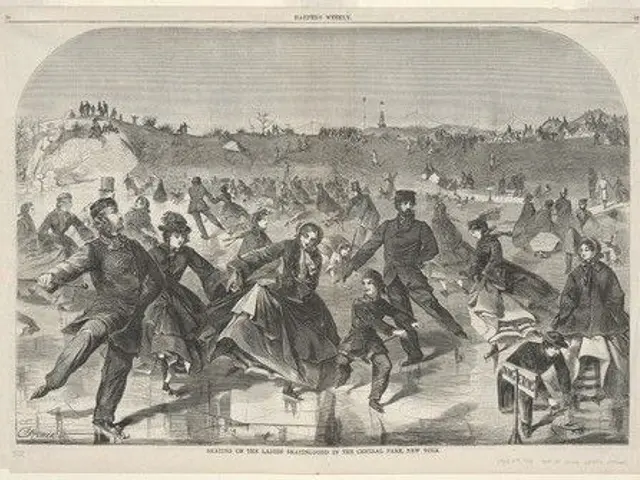 The image shows a group of people skating on an ice rink in the middle of a field, surrounded by...