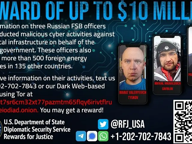 The image shows a poster with text, logos, and pictures of three Russian FSB officers, along with a...