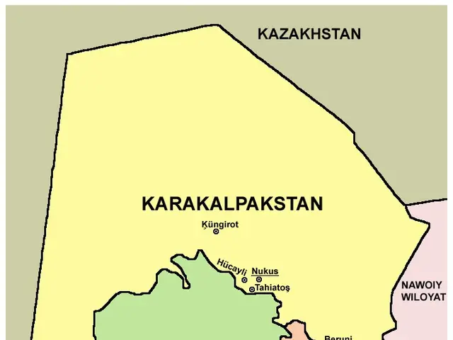 The image shows a poster with a map of Karakalpakistan, the autonomous republic of Turkmenistan....