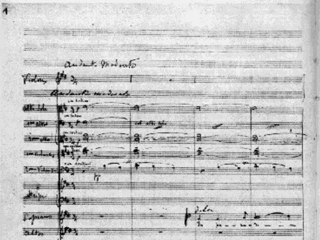 The image shows a black and white photo of a sheet of music with a stamp on it. The paper is filled...