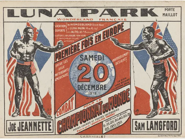 The image shows a poster for a boxing match at Luna Park in London, England. It features two people...