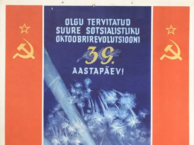 The image shows a Soviet propaganda poster from 1917-1956 depicting a building with towers and a...