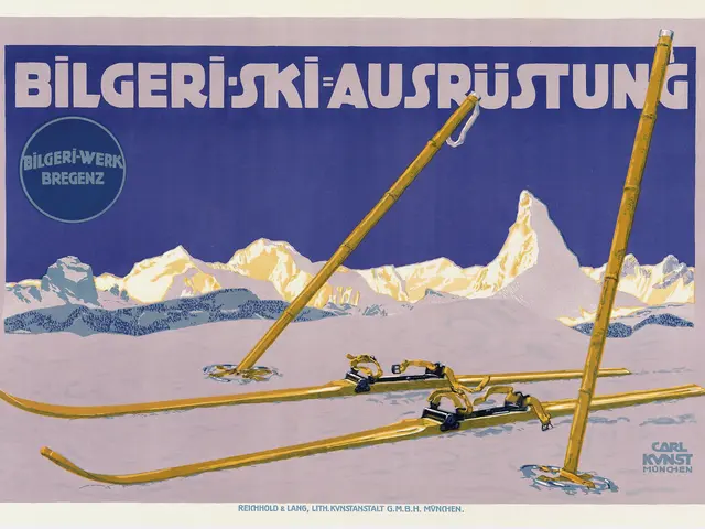 The image shows a poster advertising a ski resort in the Swiss Alps. It features a picture of a...