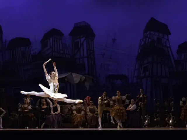 The image shows a ballerina in a white tutu and pointes gracefully dancing on a stage, surrounded...