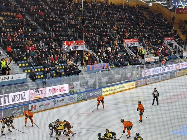 The image shows a group of people playing a game of hockey on an ice rink, with a net in the middle...
