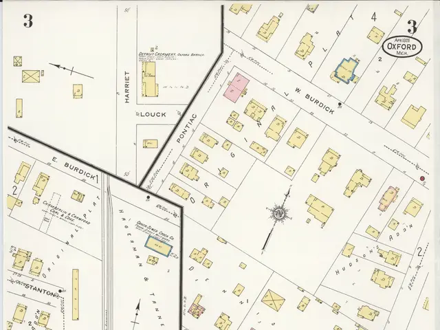 The image shows an old map of the city of London, England, with the location of Oxford Street...