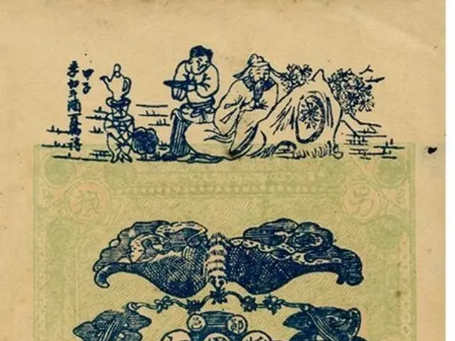 The image shows an old book with Chinese writing on it, depicting a scene from a Chinese opera. The...