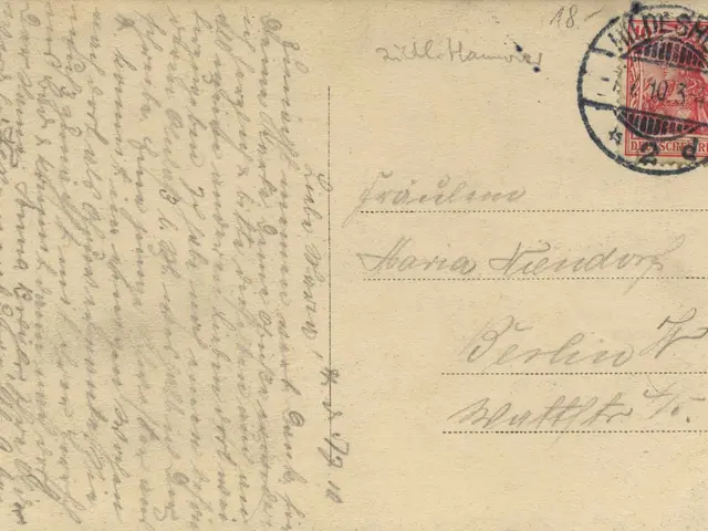 The image shows an old postcard with a red stamp on it, which is from Germany in 1908 and is...